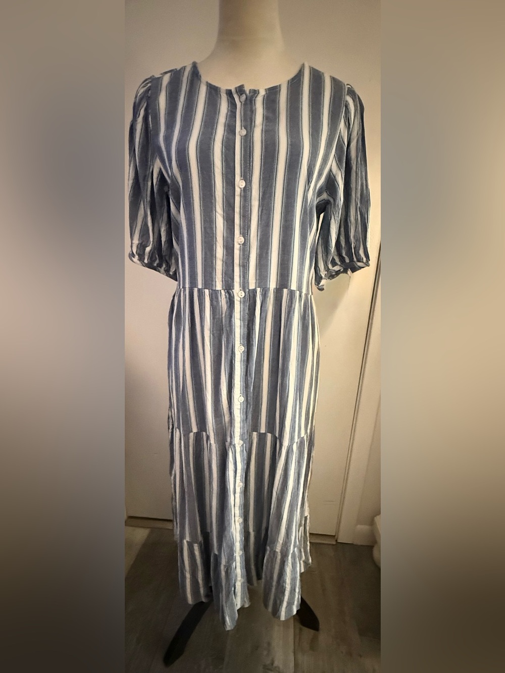 Old Navy Blue and White Vertical-Stripe Button Midi Dress